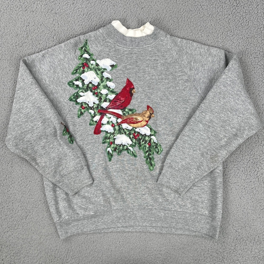 Vtg 80sβ Fruit of The Loom Christmas Birds Sweatshirt Women Large Grey USA Made